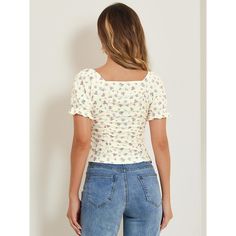 The short-sleeved tops will showcase your casual style with an all-over cute floral print. Floral print designs show off your elegance and glamour and add some highlights to your look. Style it with your favorite jeans and high heels for a casual and charming look. This is a summer cropped top feature with a ruched front, short sleeves, and a floral pattern to add some highlights to your look. Spring Short Sleeve Tops With All Over Print, Casual Ditsy Floral Print Short Sleeve Blouse, Casual Short Sleeve Ditsy Floral Blouse, Trendy Short Sleeve Tops With Ditsy Floral Print, Casual Short Sleeve Blouse With Ditsy Floral Print, Feminine Short Sleeve Tops With Ditsy Floral Print, White Ditsy Floral Print Short Sleeve Top, Feminine Floral Print Short Sleeve Top, Feminine Short Sleeve Floral Print Top