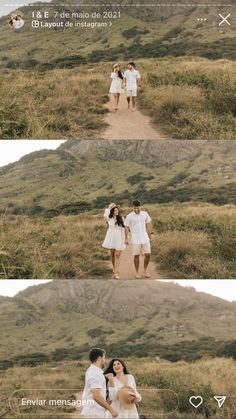 two people standing on a dirt path in the grass and one person is holding his hand up