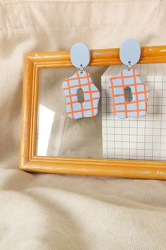 Wonky abstract blue and orange checkered polymer clay earrings Polymer Clay Checkered, Polymer Clay Earrings Bright Colors, Checkered Earrings Clay, Checkerboard Clay Earrings, Orange And Blue Polymer Clay Earrings, Blue And Yellow Polymer Clay Earrings, Abstract Earrings