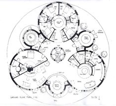 a drawing of a circular room with tables and chairs in the center, surrounded by circles