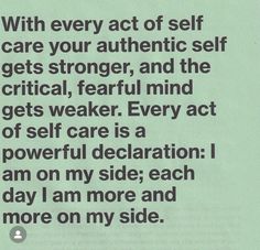 an advertisement with the words self care on it in black and white, against a light green background