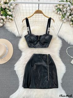 Olivia Mark - Chic Two-Piece Set with Ultra-Soft Faux Leather Corset Halter Top and High-waisted Bodycon Skirt with Zipper - Fashionable Ensemble Corset Halter Top, Womens Skirt Suits, Skirt With Zipper, Denim Pencil Skirt, Slim Fit Top, Half Skirt, Bodycon Skirt, Leather Corset, Body Con Skirt