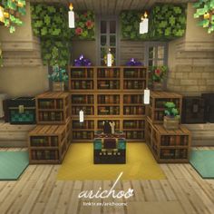 an image of a room with bookshelves and plants on the walls in minecraft