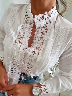 Long Sleeves Loose Buttoned Embroidered Solid Color Split-Joint Stand Collar Blouses & Shirts Tops WHITE-S Luxury Women's Blouse With Broderie Anglaise, Luxury Summer Blouse With Lace Collar, Luxury Summer Blouse With Lace Sleeves, Cheap Lace Blouse With Floral Embroidery, Luxury Feminine Blouse With Broderie Anglaise, Cheap Floral Embroidery Lace Blouse, Affordable Chic Blouse With Floral Embroidery, Cheap White Blouse Piece For Women, Cheap White Blouse With Floral Embroidery