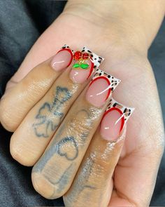 Cherry Inspo Nails, Cherry Duck Nails, Cheetah Print Cherry Nails, Cheetah Print Red Nails, Cheetah Duck Nails, Cherry Cheetah Nails, Cheetah And Cherry Nails, Cheetah Print Nails With Cherry, Cheetah Print Duck Nails