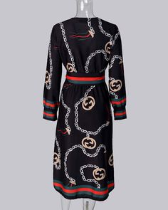 Long Sleeve Chain Baroque Print Dress Black Dresses, black / L Baroque Print, Measurement Chart, Dresses Black, Black Dresses, Dress Black, Dresses For Sale, Sleeve Styles, Print Dress, Length Sleeve