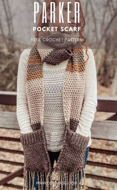 a woman wearing a knitted scarf with text overlay that says parker pocket scarf free crochet pattern