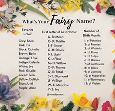 a poster with flowers on it that says, what's your fairy name?