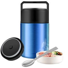 thermos lunch container with spoon and tongs is shown next to it's lid