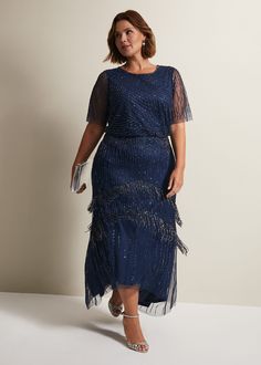 Studio 8 By Phase Eight: Premium Plus Size Style. It'S All About The Details With Our Evadine Dress, Hand-Beaded Throughout With A Design Created Exclusively In-House. We Love The Beaded Fringing Placed In A Double Chevron Formation On The Skirt To Create Wonderful Movement As You Walk. This Style Is Finished With Sheer Embellished Sleeves, A Vintage-Inspired Blouson Bodice And Dramatic Drop Hem. Model Wears Uk Size 16 And Is 5'10/180Cmregular Fit. Beaded Fringe Dress, Embellished Sleeves, Beaded Maxi Dress, Plus Size Style, Christmas Party Outfits, Uk Size 16, Maxi Dress Navy, Fringe Dress, Bride Style