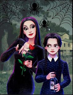 two women dressed in black and one holding a rose, both with spider webs on the background