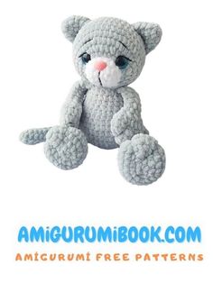 a gray crocheted teddy bear sitting on top of a white background with the words amigurum book com written below it