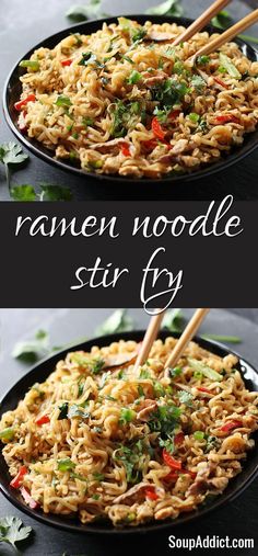 ramen noodle stir - fry with chopsticks in it and the words ramen noodle stir - fry on top