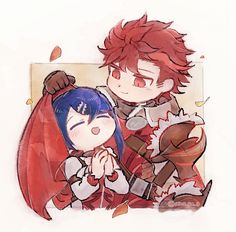 two anime characters hugging each other in front of a white background with red and blue hair