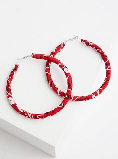 These hoop earrings feature a red banana wrap that's sure to add a bit of colorful flair to any look. Post backs. Man-made materials. Imported. 69mm diameter, 5mm thick. The best plus size women's red bandana wrapped hoop scarves in red. Trendy Summer Hoop Earrings, Trendy Red Circular Jewelry, Trendy Small Adjustable Hoop Earrings, Casual Summer Hoop Jewelry, Trendy Adjustable Hoop Earrings, Adjustable Trendy Hoop Earrings, Adjustable Red Hoop Earrings, Trendy Small Hoop Red Earrings, Trendy Small Red Hoop Earrings