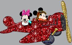 an image of mickey and minnie mouse flying on a red plane with gold trimmings