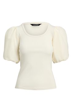 Woven puff sleeves frame a trim mini-ribbed knit bodice in this fashion-forward cotton top. Scoop neck Short sleeves 94% cotton, 6% elastane with 100% cotton contrast Machine wash, line dry Made in Turkey Fitted Solid Color Puff Sleeve Knit Top, Fitted Ribbed Top With Puff Sleeves, Fitted Cotton Puff Sleeve Top With Crew Neck, Casual Ribbed Top With Balloon Sleeves, Chic Ribbed Puff Sleeve Tops, Spring Ribbed Puff Sleeve Top, Fitted Puff Sleeve Knit Top, Casual Ribbed Puff Sleeve Tops, Fitted Knit Top With Puff Sleeves