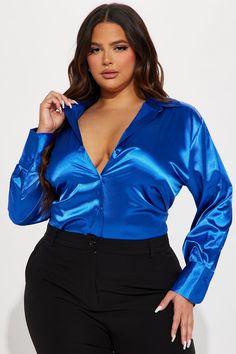 Available In Black, Ivory, Emerald, And Royal. Satin Shirt Long Sleeve Collared Front Pocket Button Down Oversized 97% Polyester 3% Spandex Imported | Closet Staple Satin Shirt in Royal size XS by Fashion Nova Womens Closet, Closet Staples, Satin Blouses, Satin Shirt, Satin Blouse, Wet Look, Shirt Long Sleeve, Blue Satin, Royal Fashion