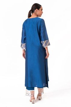 Royal blue kurta with embroidered banarasi jacquard tissue yoke. Paired with a slub silk pant and chanderi dupatta with scalloped tissue detailing. - Aza Fashions Blue Handloom Straight Kurta, Blue Handloom Kurta, Blue Raw Silk Sets With Embroidered Border, Blue Silk Traditional Wear With Woven Motifs, Traditional Blue Bottoms For Festive Occasions, Traditional Blue Bottoms For Festive Season, Festive Embroidered Blue Bottoms, Blue Silk Handloom Sets, Chanderi Dupatta