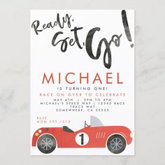 a red race car birthday party card with the words ready to go on it's front