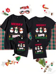 Matching Christmas Outfits Mother & Young Girl, Black Round Neck Tee With Funny 3 Snowmen Print, Casual And Fashionable For Christmas Family Party (4pcs Sold Separately) Black   Short Sleeve Knitted Fabric Cartoon,Christmas,Letter  Slight Stretch  Young Girls Clothing, size features are:Bust: ,Length: ,Sleeve Length: Matching Christmas Outfits, Toddler Christmas Outfit, Funny Snowman, Family Matching Christmas, Christmas Tee Shirts, Cartoon Christmas, Family Christmas Shirts, Round Neck Tees, Tee Shirt Designs