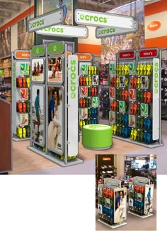 the interior of a retail store with various items on display and in front of them