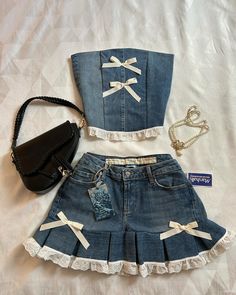 Y2K New Denim Two Piece Womens Harajuku Goth Light Blue Bow Sleeveless Tube Tops Mini Skirt Lace Hip Denim Two Piece, Harajuku Goth, Casual Suits, Stile Hijab, Hip Skirt, Tube Tops, Hip Hip, Blue Bow, Really Cute Outfits