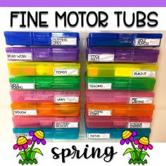 some colorful plastic containers with writing on them and the words fine motor tubs in it