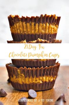 three chocolate pumpkin cups stacked on top of each other with the title text overlay