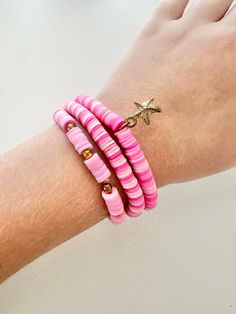 Preppy pink is a bracelet collection are perfect for pink lovers! All bracelets are pink with some a little bit of gold. Trendy Pink Beaded Bracelets With Letter Beads, Pink Heishi Beads Colorful Beaded Bracelets, Trendy Pink Heishi Beads Bracelet, Pink Heishi Beaded Bracelets With Colorful Beads, Trendy Pink Heishi Beads Friendship Bracelet, Pink Heishi Beads Bracelet, Trendy Pink Jewelry For Vacation, Pink Heishi Beads Bracelets For Vacation, Pink Heishi Beads Friendship Bracelets For Vacation