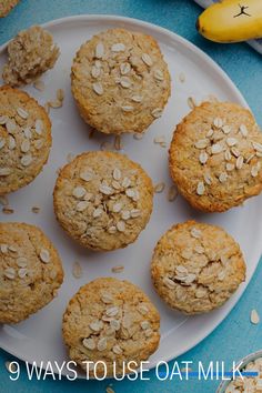 oatmeal muffins on a plate with bananas