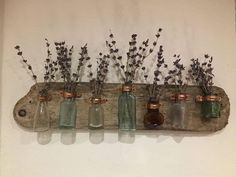 mason jars are lined up on a wall with lavender sprigs in them