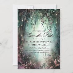 save the date card with lights and greenery in green, purple and blue colors