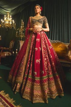 Heavy Embroidery Lehenga, Red And Green Lehenga, Regal Lehenga, Wedding Outfits Indian, Raw Silk Embroidery, Gold Lehenga, Plush Horse, Raw Silk Lehenga