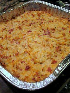 Crack potatoes 2 (16oz) containers sour cream 2 cups cheddar cheese, shredded 2 (3oz) bags real bacon bits 2 packages Ranch Dip mix 1 large bag frozen hash brown potatoes Combine first 4 ingredients, mix in hash browns. Spread into a 9x13 pan. Bake at 400 for 45-60 minutes. Ranch Dip Mix, Hamburger Meals, Bunny Brunch, Cheesy Hashbrown, Hashbrown Casserole, Ranch Dip, Potluck Dishes, Thanksgiving Food