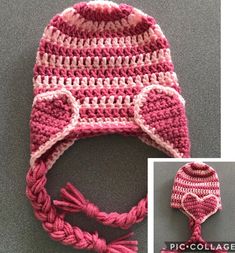 a crocheted pink and white hat next to a photo of the same item