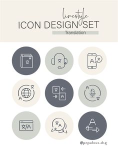 the icon design set includes different types of icons, such as symbols and text that can be used in many ways