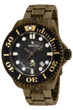 This Invicta watch from the Disney Limited Edition collection holds an Automatic movement, and it features a sturdy bronze case. On its face you can find a black metal dial covered by a durable Flame Fusion Crystal. This style is finished by a reliable gold stainless steel band, and it offers 300m water resistance.Since its inception in La Chaux-de-Fonds, Switzerland in 1837, a commitment to excellence and innovation has been at the heart of every collection created by Invicta. Here at Invicta S Mens Invicta Watches, Best Watches For Men, Invicta Watches, Disney Favorites, Pirates Of The Caribbean, Men's Watches, Gold Case, Stainless Steel Band, Mickey And Friends