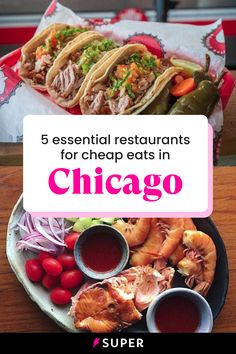 a plate full of food with the words 5 essential restaurants for cheap eats in chicago