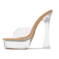 The epitome of elegance and style. These classy square-toe mules are designed to elevate any outfit with their chic and sophisticated appeal. Crafted from premium materials, the transparent sandals feature a comfortable platform and high heel, providing both style and stability. The nude color enhances your natural beauty and complements a wide range of looks, making them perfect for various occasions. Whether you're attending a formal event or going out for a night on the town, these sandals wi Modern Clear Platform Heels, Chic Clear Heels, Trendy Formal Heels With Translucent Outsole, Modern Clear Heels With Transparent Straps, Modern Clear Heels With Padded Heel, Sandals Classy, Transparent Sandals, Transparent Shoes, Heels Elegant