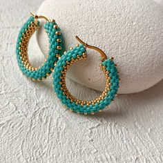 Small Hoop Beaded Earrings With Spacer Beads For Gifts, Small Hoop Beaded Earrings With Spacer Beads As Gift, Turquoise Hoop Beaded Earrings For Jewelry Making, Gift Small Hoop Beaded Earrings With Tiny Beads, Gold Beaded Hoop Earrings Gift, Small Hoop Earrings With Gold Beads As A Gift, Handmade Turquoise Hoop Earrings, Small Hoop Gold Beaded Earrings For Gifts, Gold Hoop Earrings With Spacer Beads As Gift