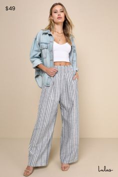 From Venice to Venice Beach, the Lulus Breezy Getaway Blue and White Striped Linen Wide-Leg Pants were made for sunny adventures! Crisp linen-blend fabric shapes these essential pants that have a classic striped pattern and a high, smocked waist for maximum comfort. Side seam pockets accent wide legs that finish at full-length hems. Fit: This garment fits true to size. Length: Floor length. Size medium Inseam: 30.25 Front Rise: 11.25 Waist: Fitted - elastic waist allows stretch. Hip: Loosely Fit Cheap White Bottoms With Vertical Stripes, Bottoms With Pockets For Beach Season, Casual Ankle-length Bottoms For Beach Season, Straight Leg Pants With Pockets For Beach Season, Summer Ankle-length Pants With Pockets, Relaxed Fit Ankle-length Beach Pants, Cotton Beach Trousers, Cotton Trousers For Beach Season, Beach Season Cotton Trousers