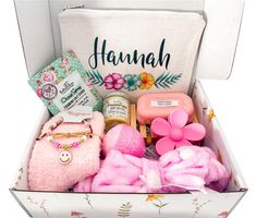 a box filled with lots of pink items