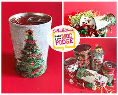 the collage shows various christmas decorations and tin canisters with candy in them