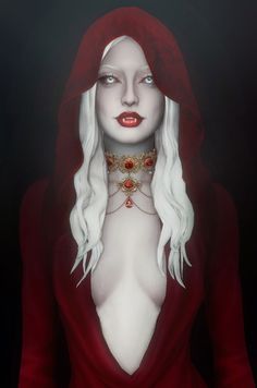 a painting of a woman with long white hair wearing a red hoodie and necklace