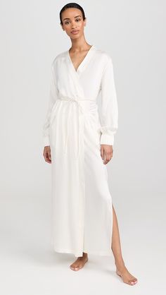 Lunya Washable Silk Long Robe | Shopbop Long Sleeve Silk Dress For Loungewear, Long Sleeve Silk Loungewear Dress, Silk Long Sleeve Loungewear Dress, Elegant Dresses With Tie Waist For Loungewear, Elegant Viscose Dress With Elastic Waistband, Cashmere Robe, Silk Robe, Silk Charmeuse, White Brand