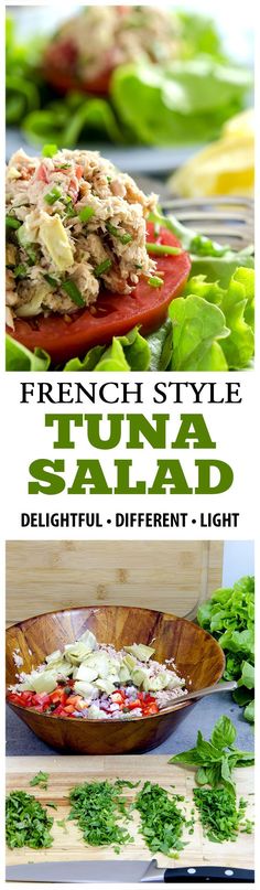 the ingredients for this tuna salad are shown in three different pictures, including lettuce and