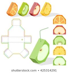 cut out paper fruit and juice box with slices, oranges, apple, kiwi