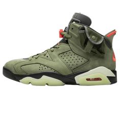 The Travis Scott x Air Jordan 6 Retro 'Olive' represents a collaboration between the Houston based rapper and Jordan Brand. This take on the AJ 6, which Scott debuted while performing during halftime of Super Bowl 53, released in October 2019. It features a Medium Olive, black, Sail and University Red colorway along with several unique elements: a small pocket with a snap on the collar, a nubuck and suede upper, Scott's 'Cactus Jack' logo on the heel and a glow-in-the-dark translucent outsole. Nike Travis Scott, Air Jordan 6 Retro, Nike Air Jordan 6, British Khaki, Jordan Model, Jordan 6 Retro, Sneakers Vans, Air Jordan Sneakers