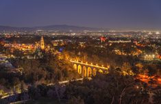 an aerial view of a city at night with lights on and trees in the foreground